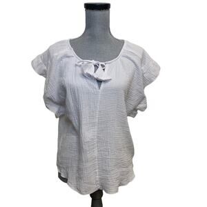 Just Living White Gauzy Short Sleeve Ruffle Top 100% Cotton Small